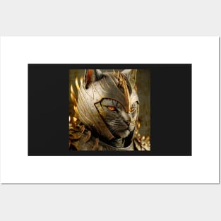 Cat in Samurai Helmet Posters and Art